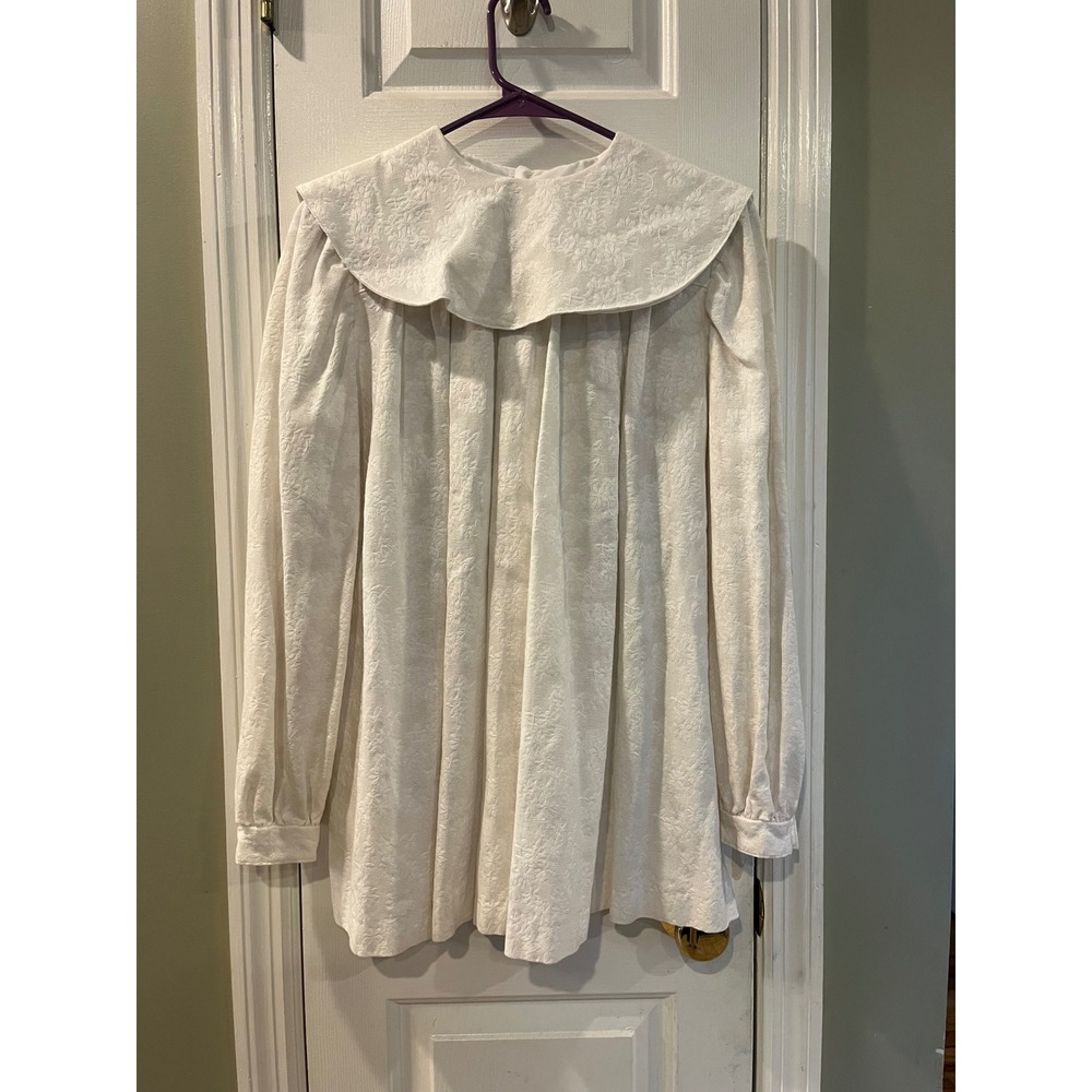 Vintage 80s 90s Ivory Floral Jacquard Statement Collar Babydoll Smock Tunic S/M